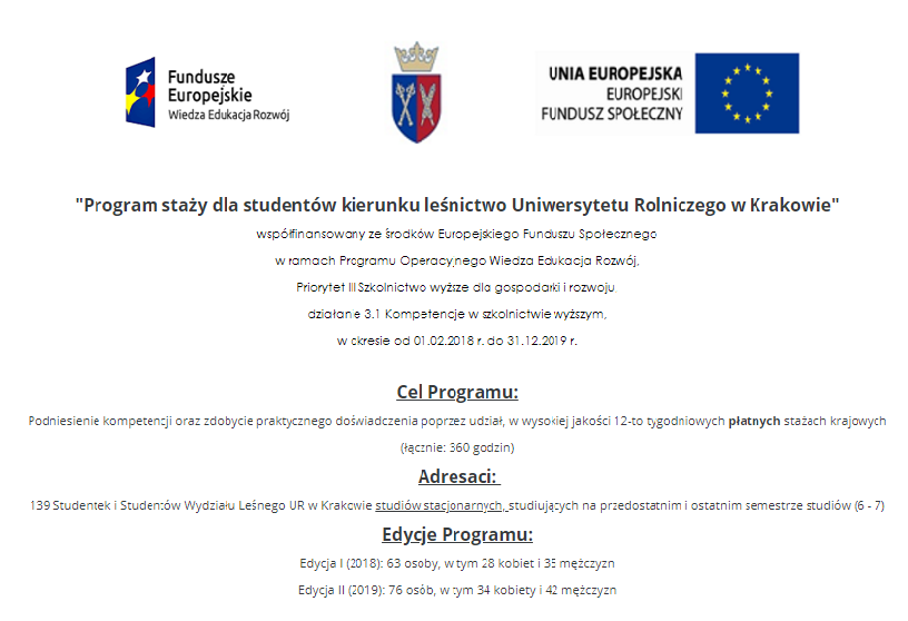 Program staży dla studentów Kierunku Leśnictwo UR w Krakowie